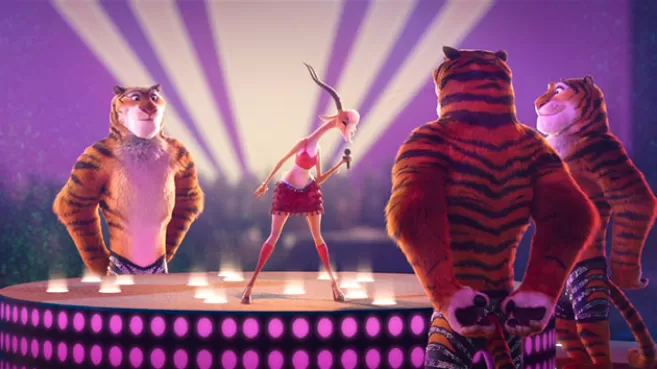 Gazelle de Zootopia, cantando (con la voz de Shakira) frente a tres tigres