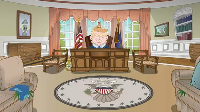 Caricatura de Donald Trump en la Casa Blanca