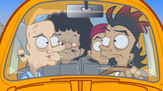 Personajes de la serie 'La Familia del Barrio' dentro de un carro amarillo