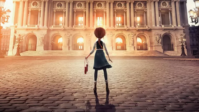 Niña de espaldas con las zapatillas de ballet en las manos, escena de la película animada Bailarina