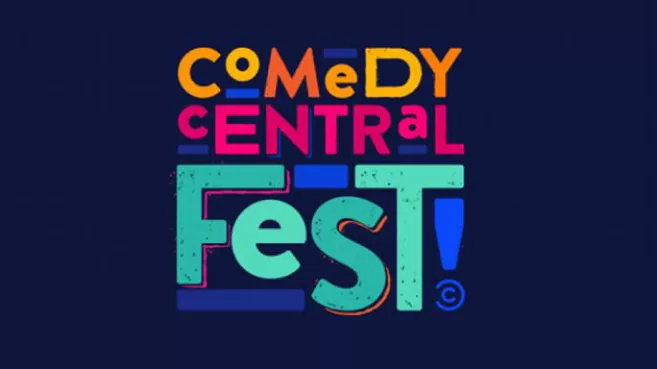 Logo de Comedy Central Fest con letras multicolores y fondo azul