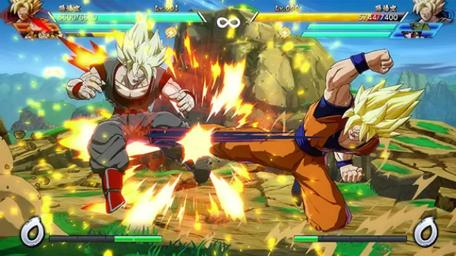 Pelea de Goku SS3 vs Goku SS3 en el videojuego Dragon Ball FighterZ