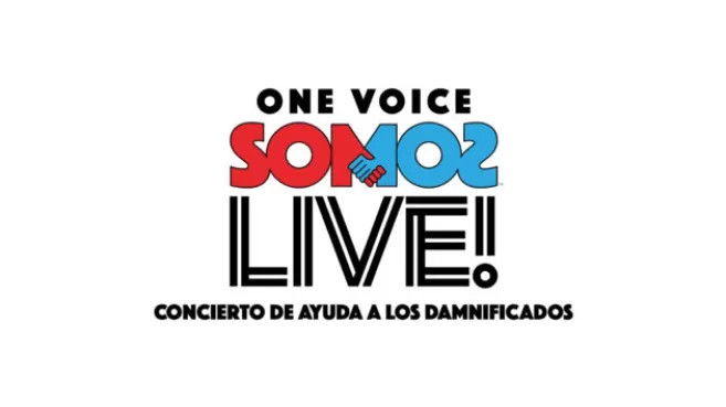 Logo con letras negras, rojas y azules, de One Voice Somos Live, concierto de ayuda a los damnificados