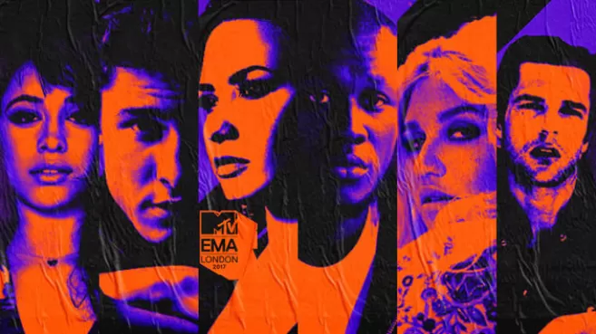 Colage de MTV EMA 2017 con Demi Lovato, Shawn Mendes y Camila Cabello en tonos violeta y naranja