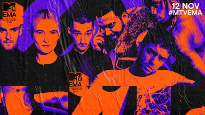Colage de MTV EMA 2017 con Clean Bandit, Travis Scott, French Montana y Liam Payne en tonos violeta y naranja
