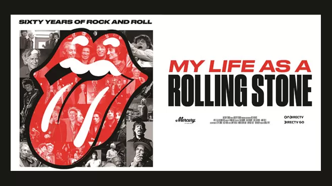 Logo de los Rolling Stones sobre un collage de fotos de la banda en blanco y negro