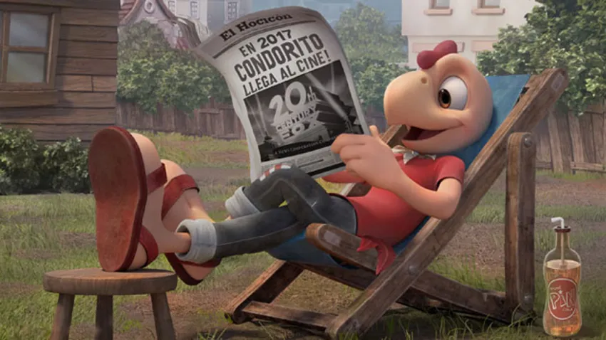 Condorito sentado en el patio, leyendo el periódico El Hocicón