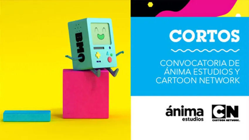 Consola de videojuego portátil sentada en un cubo fucsia sobre un fondo amarillo en promo de "Cortos": Convocatoria de Ánima Estudios y Cartoon Network