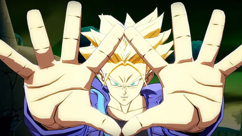 Trunks del videojuego Dragon Ball FighterZ con las manos abiertas