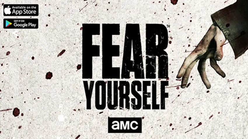 Mano de zombie junto a una pared pringada de sangre, que dice FEAR YOURSELF