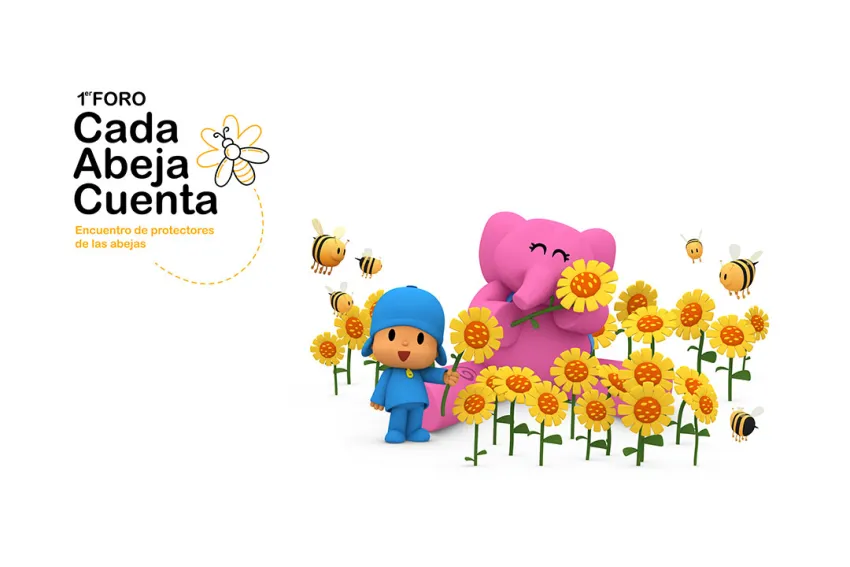 Pocoyó y Eli rodeados de girasoles y abejas junto al logo de Cada Abeja Cuenta