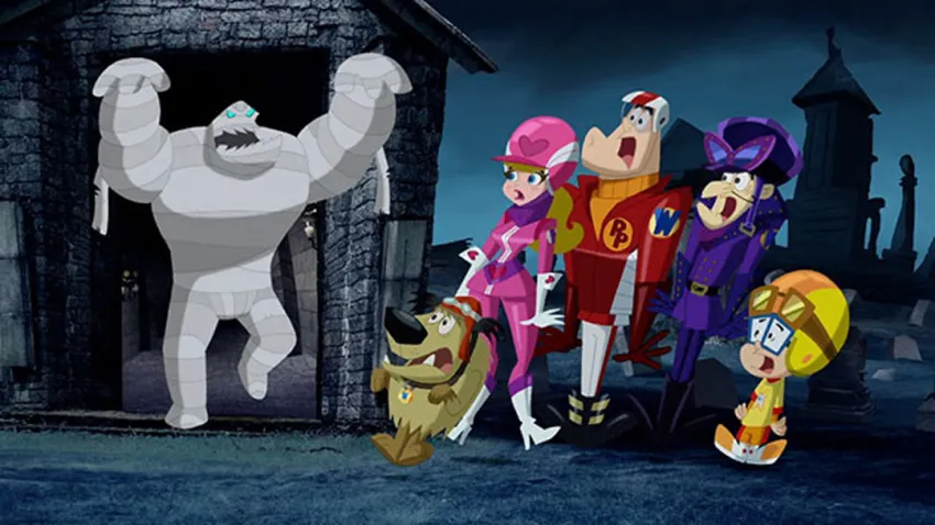 Momia saliendo de la cripta asustando a los personajes de Los Autos Locos de Hannah Barbera