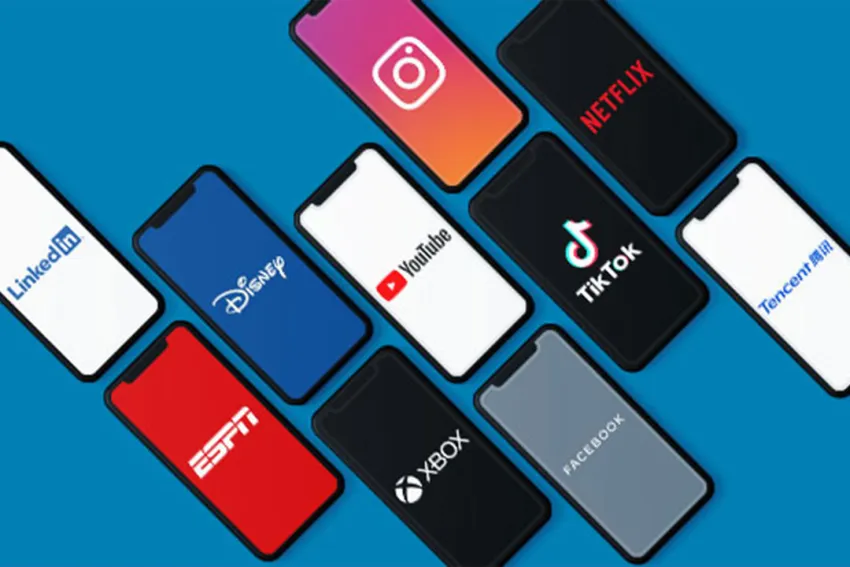Celulares con logos de las marcas de entretenimiento más valiosas: TikTok, Instagram, Netflix, LinkedIn, Xbox, ESPN, Tencent, Disney, Youtube y Facebook