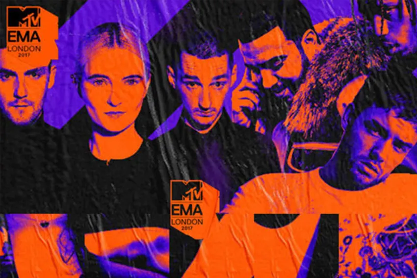 Collage de MTV EMA 2017 con Clean Bandit, Travis Scott, French Montana y Liam Payne en tonos violeta y naranja