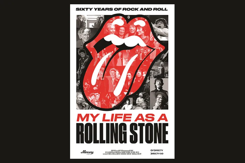 Logo de los Rolling Stones sobre un collage de fotos de la banda en blanco y negro