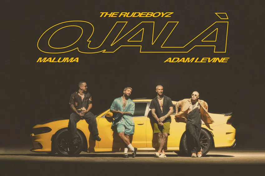 Póster de "Ojalá" - The Rudeboyz, Maluma y Adam Levine apoyados en un carro amarillo