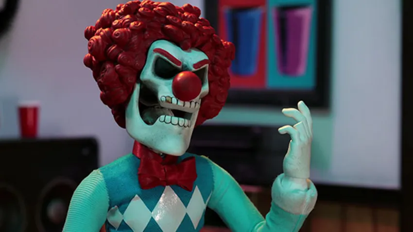 Carabela payaso malvado con pelo rojo en la serie SuperMansion