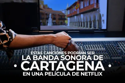 Ingenieros de sonido chocando puños en estudio de grabación con la Alcaldía de Cartagena en pantalla
