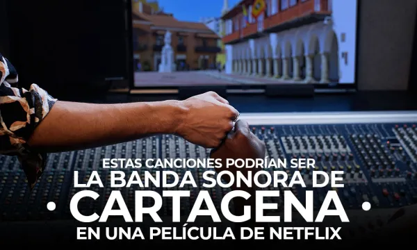Ingenieros de sonido chocando puños en estudio de grabación con la Alcaldía de Cartagena en pantalla