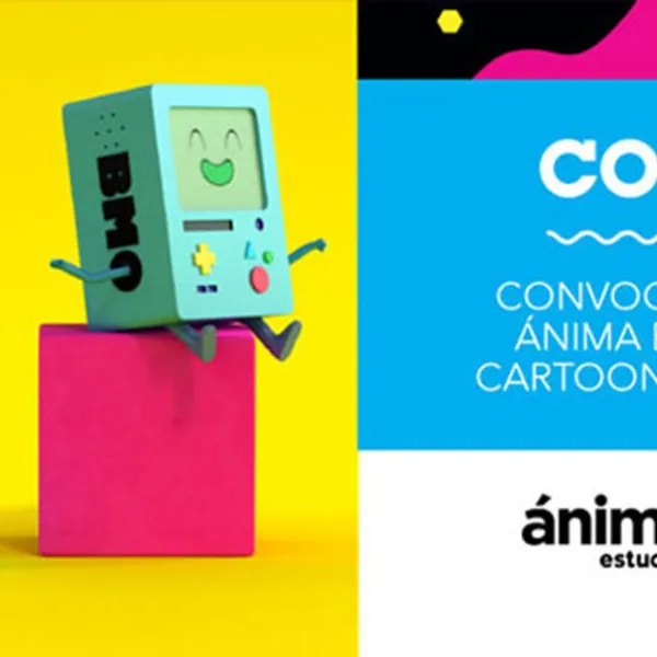 Consola de videojuego portátil sentada en un cubo fucsia sobre un fondo amarillo en promo de "Cortos": Convocatoria de Ánima Estudios y Cartoon Network