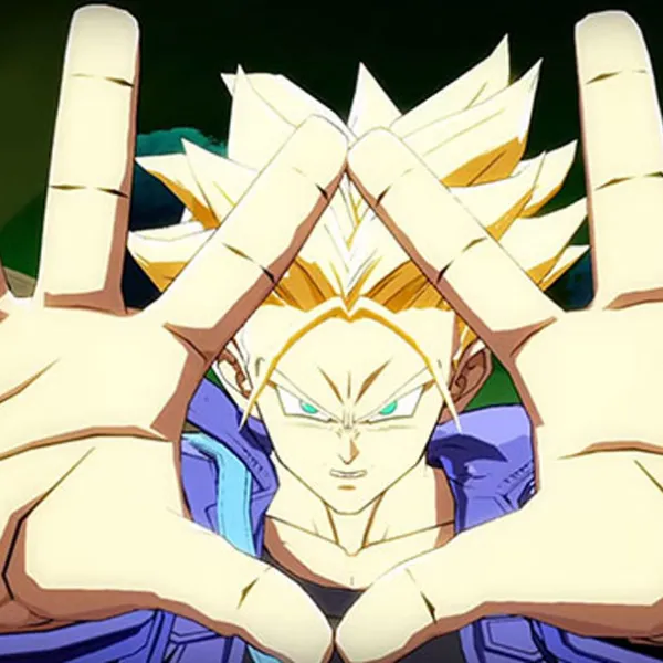 Trunks del videojuego Dragon Ball FighterZ con las manos abiertas