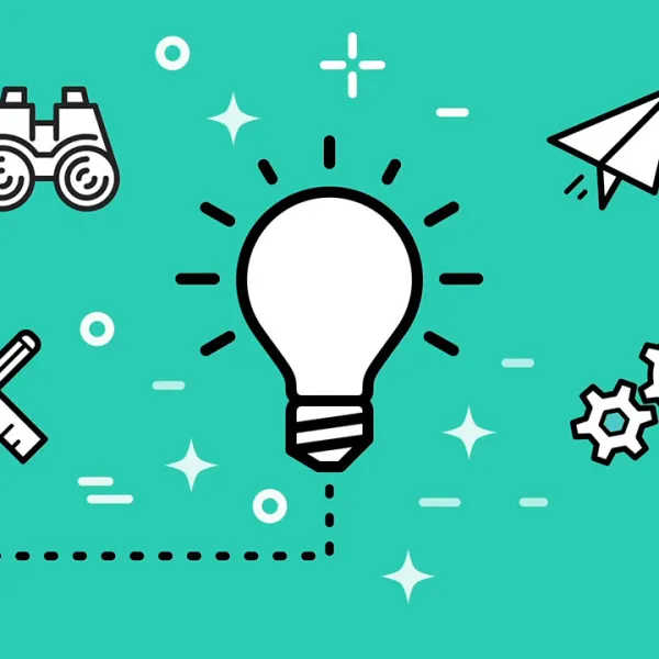 Ilustración con bombilla, engranajes, lápiz y regla, avión de papel volando, y binoculares, en señal de emprendimiento