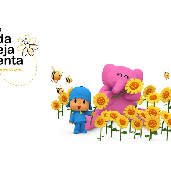 Pocoyó y Eli rodeados de girasoles y abejas junto al logo de Cada Abeja Cuenta