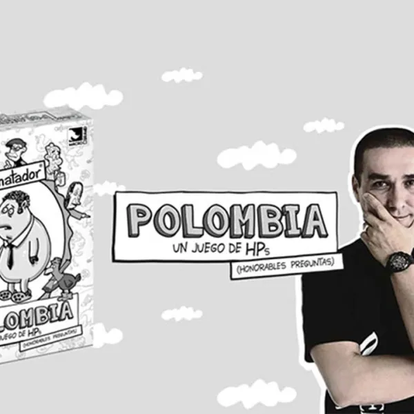 Matador con caricatura de paloma de la paz sobre su hombro izquierdo, y a su derecha el juego de mesa "Polombia, un juego de HPs"