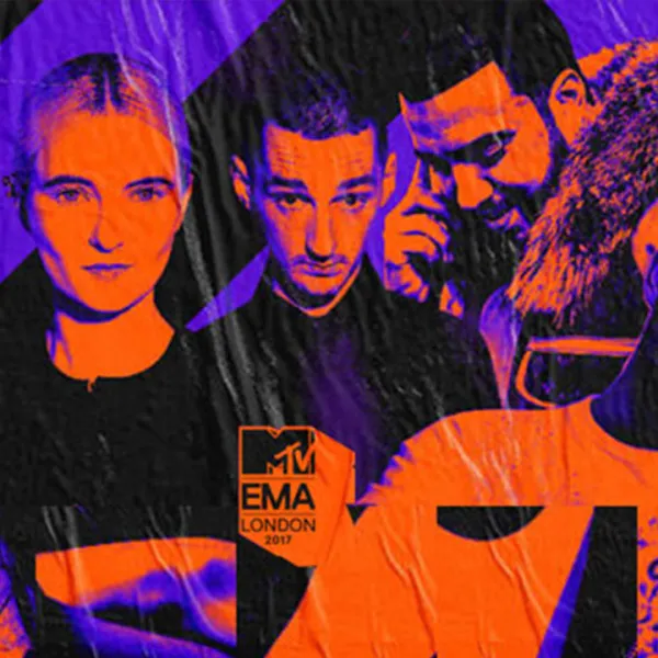 Collage de MTV EMA 2017 con Clean Bandit, Travis Scott, French Montana y Liam Payne en tonos violeta y naranja