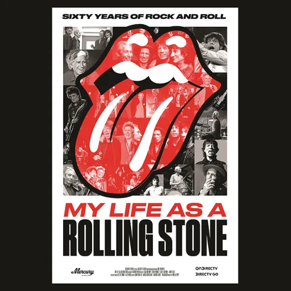 Logo de los Rolling Stones sobre un collage de fotos de la banda en blanco y negro