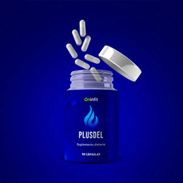 Píldoras blancas cayendo en un frasco de Plusdel