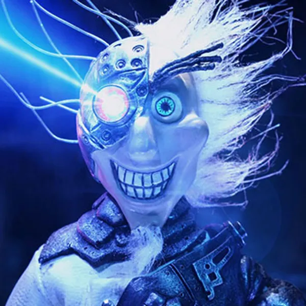Científico loco cyborg de Robot Chicken lanzando rayo laser con su ojo