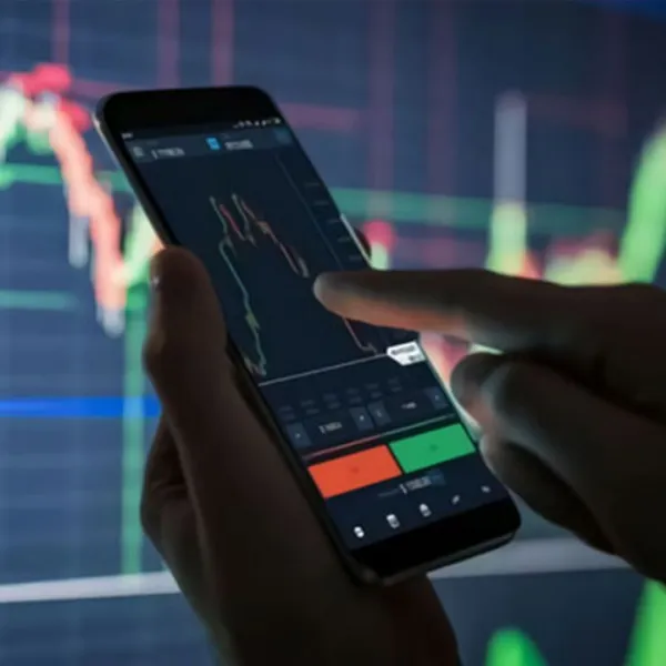 Manos haciendo trading desde el móvil y de fondo el gráfico del mercado