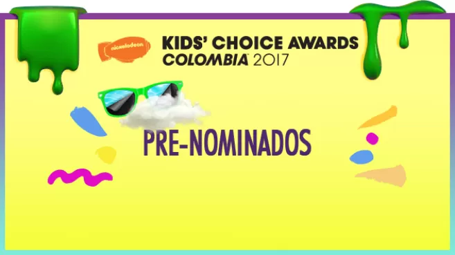 Cartel amarillo con slime anunciando los Pre-nominados a los Kids’ Choice Awards Colombia 2017