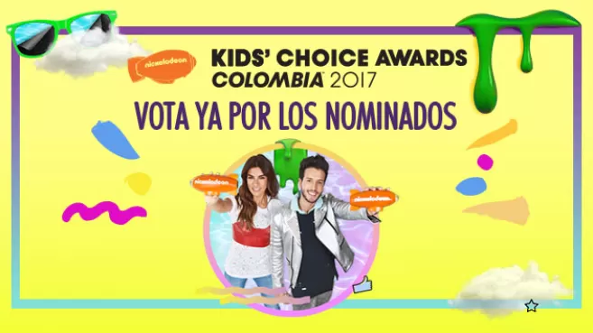 Póster amarillo de los KCA Kids' Choice Awards Colombia 2017 de Nickelodeon con Andrea Serna y Sebastián Yatra