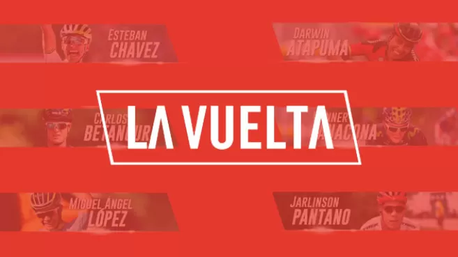 Colage rojo con ciclistas colombianos y un texto que dice "La Vuelta"