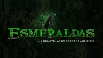 Cuervo con una esmeralda en el pico, parado sobre la palabra "esmeraldas" de color verde
